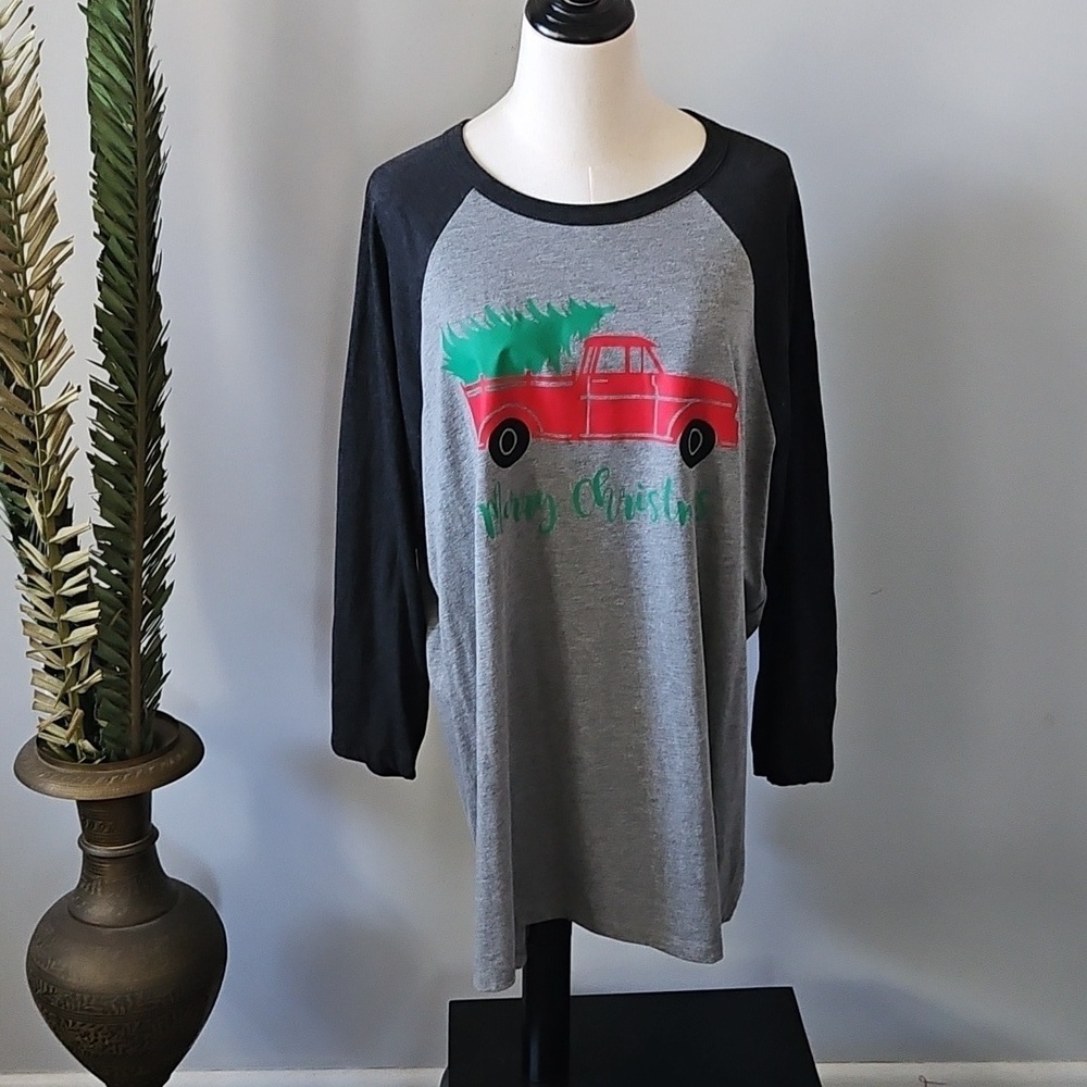 Gray and Black "Merry Christmas" Red Truck Raglan Tee